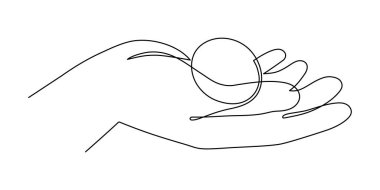 Hand holds easter egg one-line art, hand drawn palm continuous contour. Christian holiday design, festive decoration. Editable stroke. Isolated. Vector