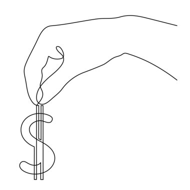 Hand holds dollar sign, one line art, continuous contour drawing, hand-drawn line icon for business, minimalist design.Financial valuta sign, currency trendy template.Editable stroke.Isolated.