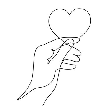 Hand with heart one line art,love concept continuous contour drawing,hand-drawn Valentine's day decoration.Romance, engagement and marriage symbol. Editable stroke.Isolated. Vector