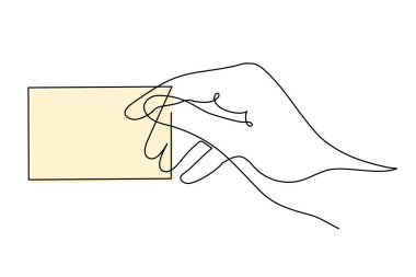 Hand holds credit card, one line art, hand drawn continuous contour.Decoration for business.Minimalist design.Editable stroke. Isolated. Vector