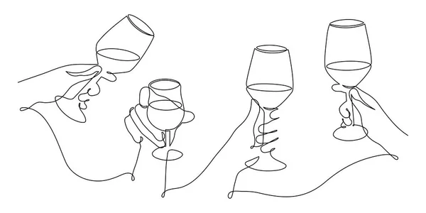 Hands Hold Wine Clinking Glasses One Line Art Continuous Drawing — Διανυσματικό Αρχείο