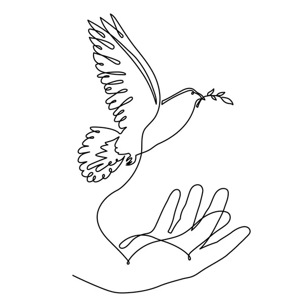 Hand Dove Peace Olive Branch One Line Art Continuous Contour — Vetor de Stock