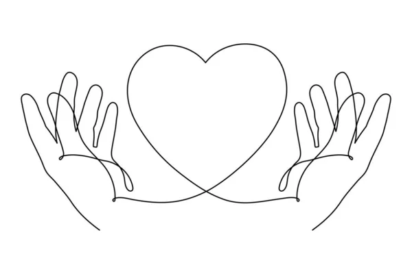 Hands Heart One Line Art Love Concept Continuous Contour Drawing — Vetor de Stock