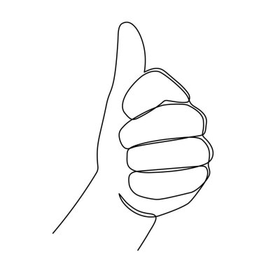 El ve başparmak yukarı tek çizgili sanat, el çizimi sürekli kontur. Avuç içi parmaklarla işaret ederek başarı, tek çizgi çizimi, minimalist tasarım. Düzenlenebilir vuruşlar. Vektör