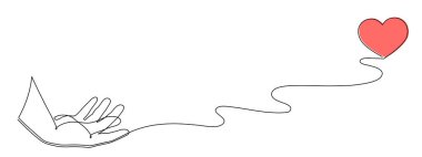 Hand with heart one line art,love concept continuous contour drawing,hand-drawn Valentine's day decoration.Romance, engagement and marriage symbol. Editable stroke.Isolated. Vector