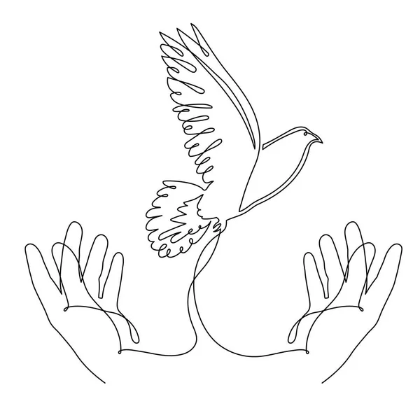 Руки Голубем Мира Одна Линия Искусства Непрерывный Контур Рисунок Ладони — стоковый вектор