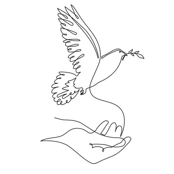 Hand Dove Peace Olive Branch One Line Art Continuous Contour — Wektor stockowy