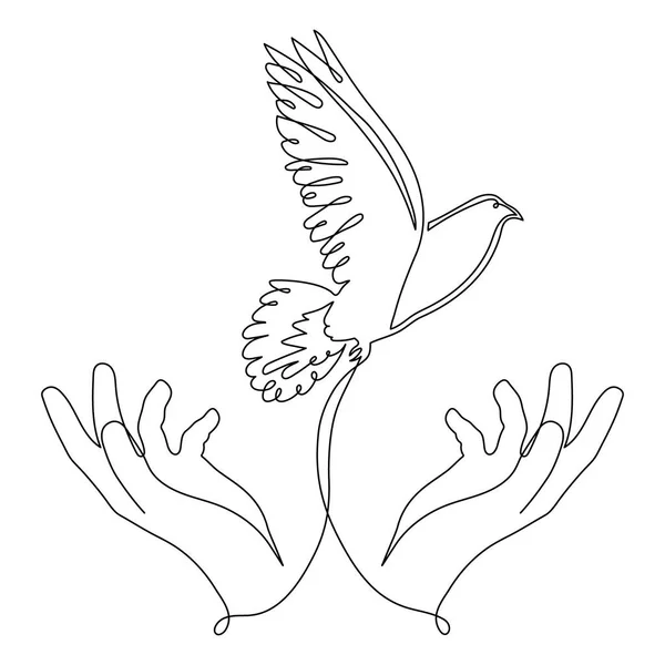 Χέρια Περιστέρι Της Ειρήνης Μια Γραμμή Τέχνη Συνεχή Περίγραμμα Χέρι — Διανυσματικό Αρχείο