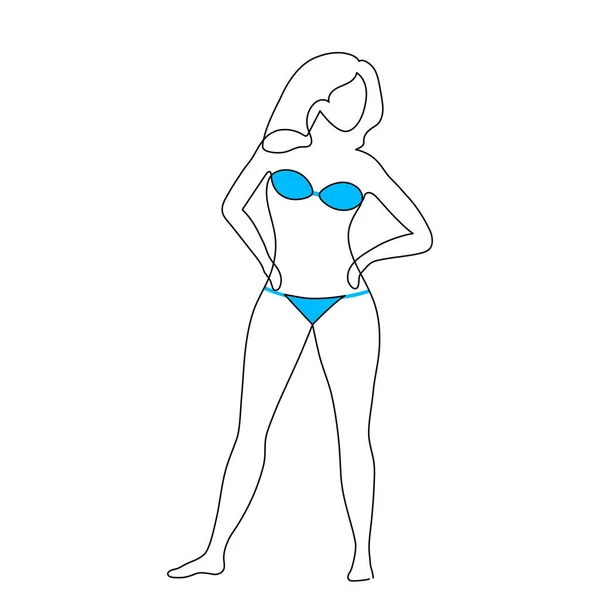 Woman Swimsuit One Line Art Hand Drawn Sunbathing Lady Figure — Stock Vector