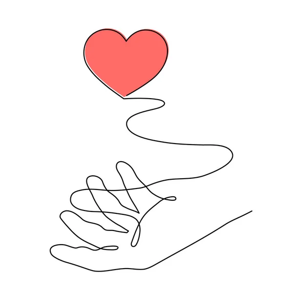 Hand Heart One Line Art Love Concept Continuous Contour Drawing —  Vetores de Stock