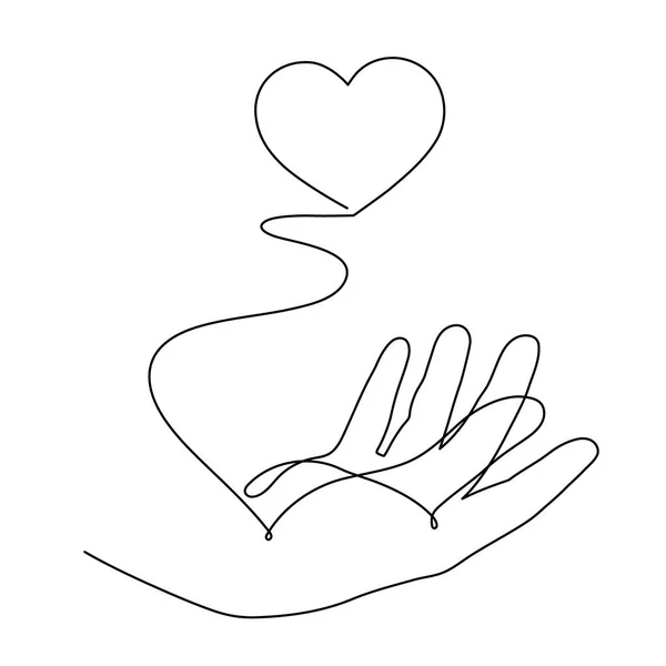 Hand Heart One Line Art Love Concept Continuous Contour Drawing — Vetor de Stock