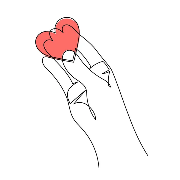 Hand Heart One Line Art Love Concept Continuous Contour Drawing — 图库矢量图片
