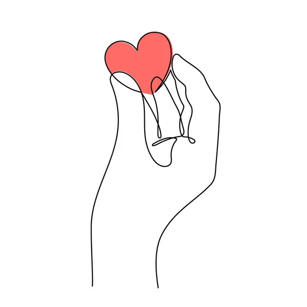Hand Heart One Line Art Love Concept Continuous Contour Drawing — Vetor de Stock