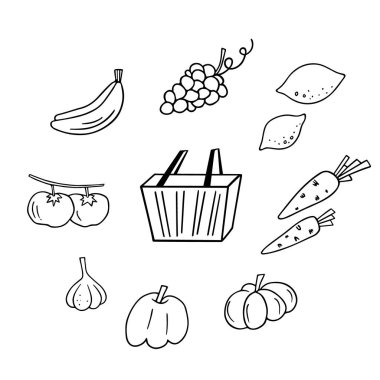 İndirimli karalama seti, el yapımı alışveriş unsurları, eskiz tarzında satın alma konsepti. Mürekkep, kalem, keçeli kalemle basit tasarım çizimi. İzole edilmiş vektör.