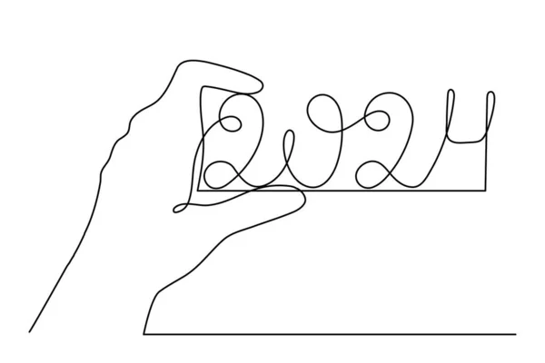手は2024 1行のアートを保持し 手描きの連続輪郭 休日の概念は お祝いの新年の手書きのテキストは ミニマリストデザイン 編集可能なストローク 隔離されたベクトル — ストックベクタ