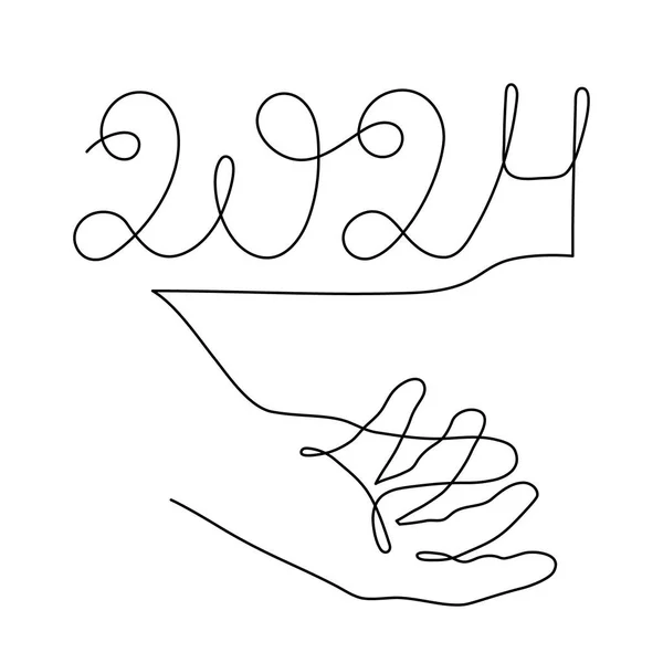 手は2024 1行のアートを保持し 手描きの連続輪郭 休日の概念は お祝いの新年の手書きのテキストは ミニマリストデザイン 編集可能なストローク 隔離されたベクトル — ストックベクタ