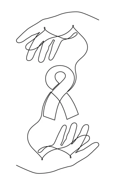 Hand Ribbon World Cancer Day Concept One Line Art Fight — Stock Vector