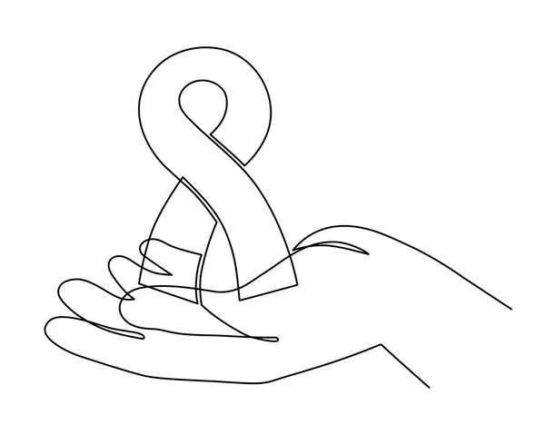 リボンで手 世界の癌の日の概念オンラインアート 腫瘍疾患の手との戦いは 継続的な輪郭を描きました サポートと装飾を助けます ベクトル — ストックベクタ