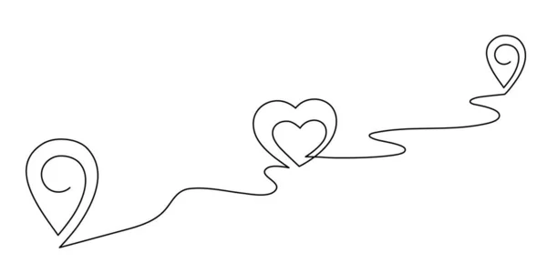 Pointing Location Hearts Map One Line Art Hand Drawn Way —  Vetores de Stock