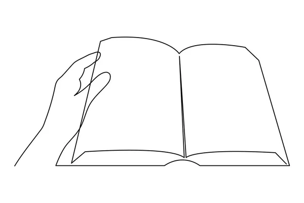 本を片手に一本の線画 手描きの連続輪郭を描きます ミニマリズムデザイン シンプルな装飾 ベクトル — ストックベクタ