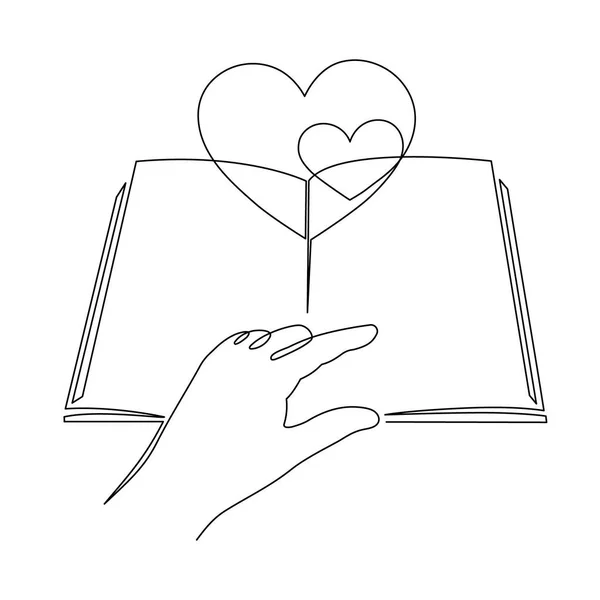 Libro Con Corazón Una Línea Arte Dibujado Mano Contorno Continuo — Vector de stock