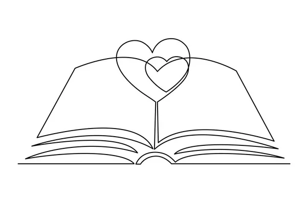 Book Heart One Line Art Hand Drawn Continuous Contour Romantic — Stock Vector