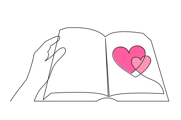 Książka Sercem Jeden Wiersz Sztuki Ręcznie Rysowane Kontur Ciągły Romantyczny — Wektor stockowy