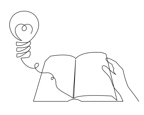 书与灯泡一条线艺术 手绘连续的轮廓 思想头脑风暴的概念 知识是力量 模板是外在的 简约的设计 简单的装饰 可编辑的触动 孤立的 — 图库矢量图片
