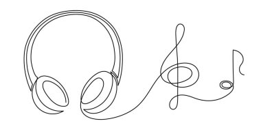 Kulaklık bir satır sanat, el çizimi aygıt sürekli hatlar. Kablosuz müzik konsepti, deneme şarkıları ve çalma listeleri için teknoloji. Düzenlenebilir vuruşlar.