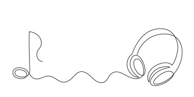 Kulaklık bir satır sanat, el çizimi aygıt sürekli hatlar. Kablosuz müzik konsepti, deneme şarkıları ve çalma listeleri için teknoloji. Düzenlenebilir vuruşlar.