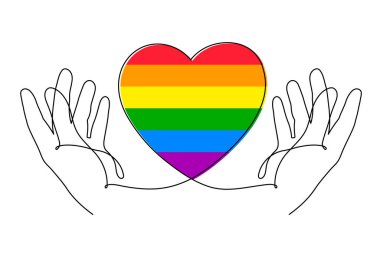 LGBT kalp bayrağı bir çizgi sanat, el çizimi gurur dolu ay dekorasyonu sürekli konsept. İnsan hakları hareketi, çeşitlilik zaman çizelgesi tasarımı. Düzenlenebilir felç. İzole edilmiş. Vektör
