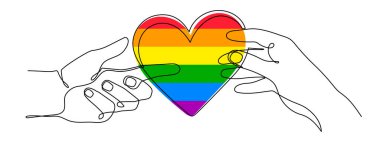 LGBT kalp bayrağı bir çizgi sanat, el çizimi gurur dolu ay dekorasyonu sürekli konsept. İnsan hakları hareketi, çeşitlilik zaman çizelgesi tasarımı. Düzenlenebilir felç. İzole edilmiş. Vektör