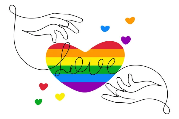 Lgbtハートフラッグ虹1本のラインアートで手描きプライド月間の装飾連続コンタクト 人々の権利運動 多様性の愛の時間アウトラインデザイン 編集可能なストローク ベクトル — ストックベクタ