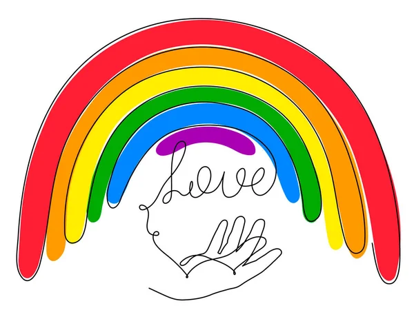 Lgbtの旗虹1本のラインアートと手描きのプライド月間の装飾連続コンタクトで手 人々の権利運動 多様性の愛の時間 アウトラインデザイン 編集可能なストローク ベクトル — ストックベクタ