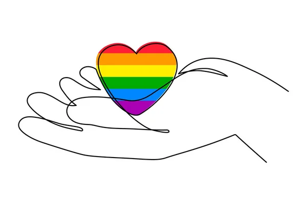 Χέρι Lgbt Καρδιά Σημαία Ουράνιο Τόξο Μία Γραμμή Τέχνης Ζωγραφισμένα — Διανυσματικό Αρχείο