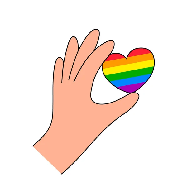 手はハートLgbtの旗の虹を保持しています 手描きプライドヶ月フラット装飾 人権運動 多様性の愛の時間デザイン — ストックベクタ