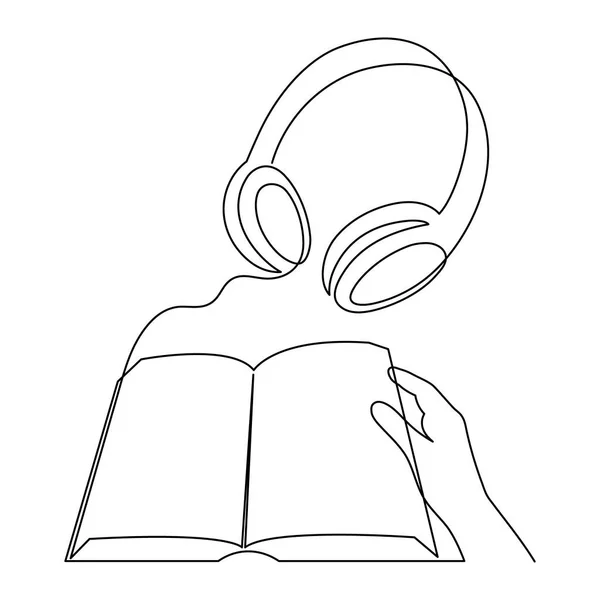 Ακουστικά Και Βιβλίο Μία Γραμμή Τέχνης Χέρι Που Ήχου Συσκευή — Διανυσματικό Αρχείο