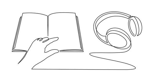ヘッドフォンとブック1行のアート 手描きのオーディオ読み取り装置 リスニングオーディオブック無線ガジェット連続コンタクト 教育と学習の概念 オーディションの概要編集可能 — ストックベクタ