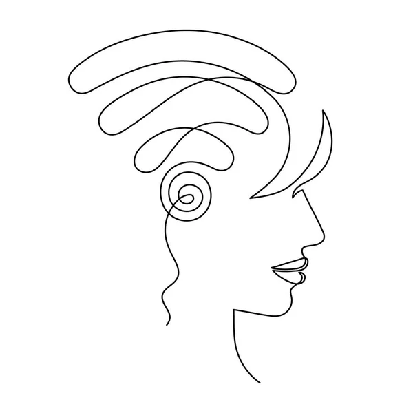 Fi信号と女性は 1つのラインアートに直面します 女の子の頭の中で手描きのインターネットホットスポット アクセスポイント連続コンタクト — ストックベクタ