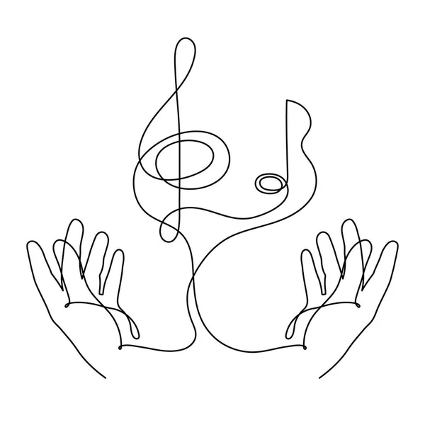 Eller Anahtar Müzik Notalarını Tutar Bir Satır Sanat Çizimi Sürekli — Stok Vektör