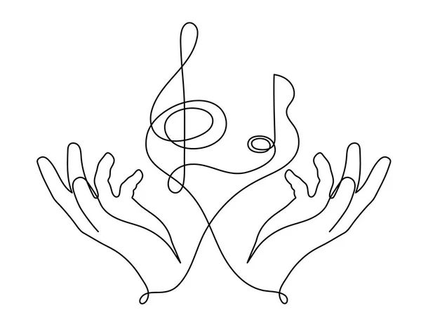 Руки Держат Скрипичный Клюв Музыкальную Ноту Одной Линии Искусства Нарисованной — стоковый вектор