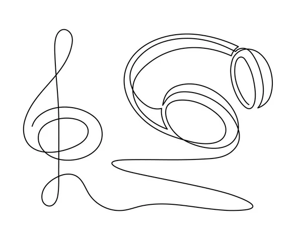 Kopfhörer Mit Einem Notenschlüssel Einzeilige Kunst Handgezeichnete Gerät Gadget Kontinuierliche — Stockvektor