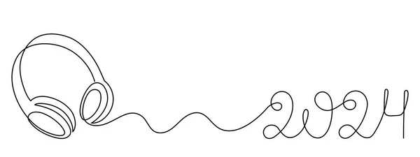 ヘッドフォンと2024 1つのラインアート 手描きのデバイスガジェット継続的な輪郭を描画します お祝いの新年の音楽のワイヤレスオンラインコンセプトを聞いて オーディションの休日の歌のための技術 編集可能なストローク — ストックベクタ