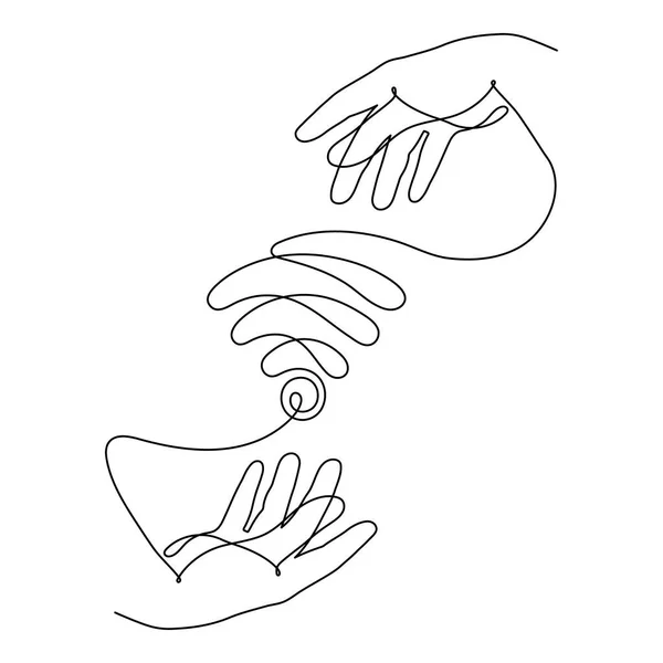 Fi信号1ラインアートと手を取り合い 手描きの仲間は インターネットホットスポット アクセスポイント連続コンタクトを保持します — ストックベクタ