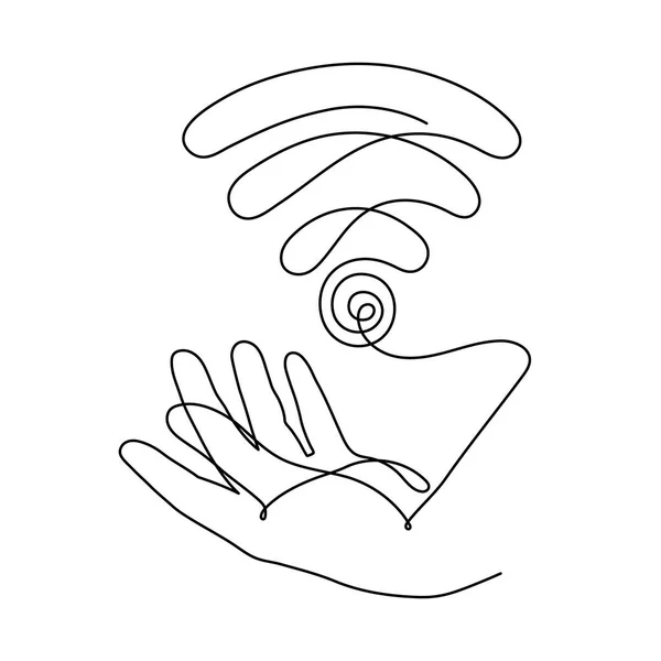 Hand Signal One Line Art Hand Drawed Pals Hold Internet — стоковий вектор