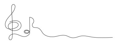 Üçlü anahtar ve müzikal nota bir satır sanat, el çizimi sürekli kontür. Sanatsal yaratıcı konsept, minimalist şablon tasarımı. Düzenlenebilir felç. İzole edilmiş. Vektör