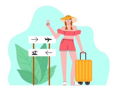 Yazlık kız karikatür karakteri devamsızlığı. Bavullu ve şapka takan kadın havaalanından sahile gidiyor. İyi tatiller ve hayatın tadını çıkarın.