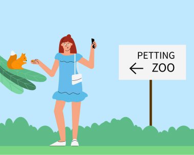 Evcil hayvan çiftliğindeki çizgi film karakteri sincabı fındıkla besler. Düz elle çizilmiş kadın hayvanlarla iletişimden zevk alır. Doğayı önemser, neşeli, neşeli, neşeli, neşeli bir kadın..