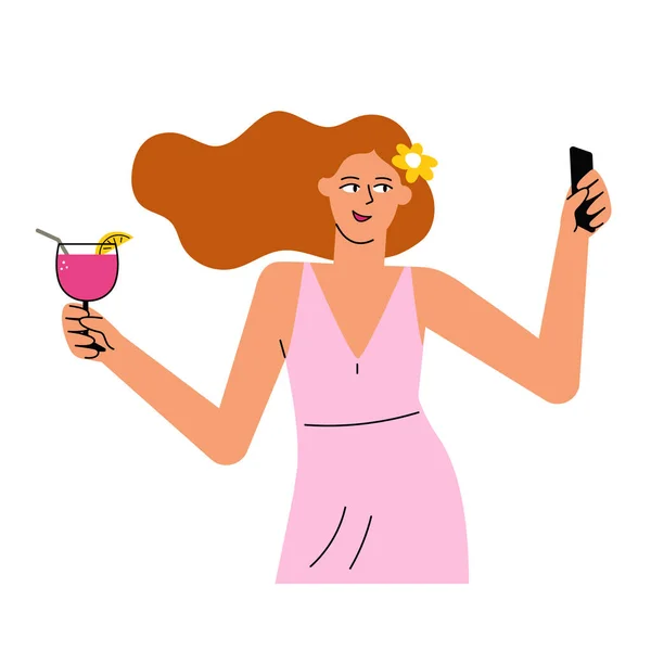 Verano Chica Personaje Dibujos Animados Hace Selfiee Con Cóctel Usando — Archivo Imágenes Vectoriales