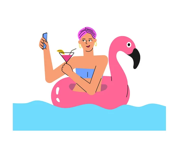 Chica Verano Personaje Dibujos Animados Hace Selfie Con Cóctel Usando — Archivo Imágenes Vectoriales